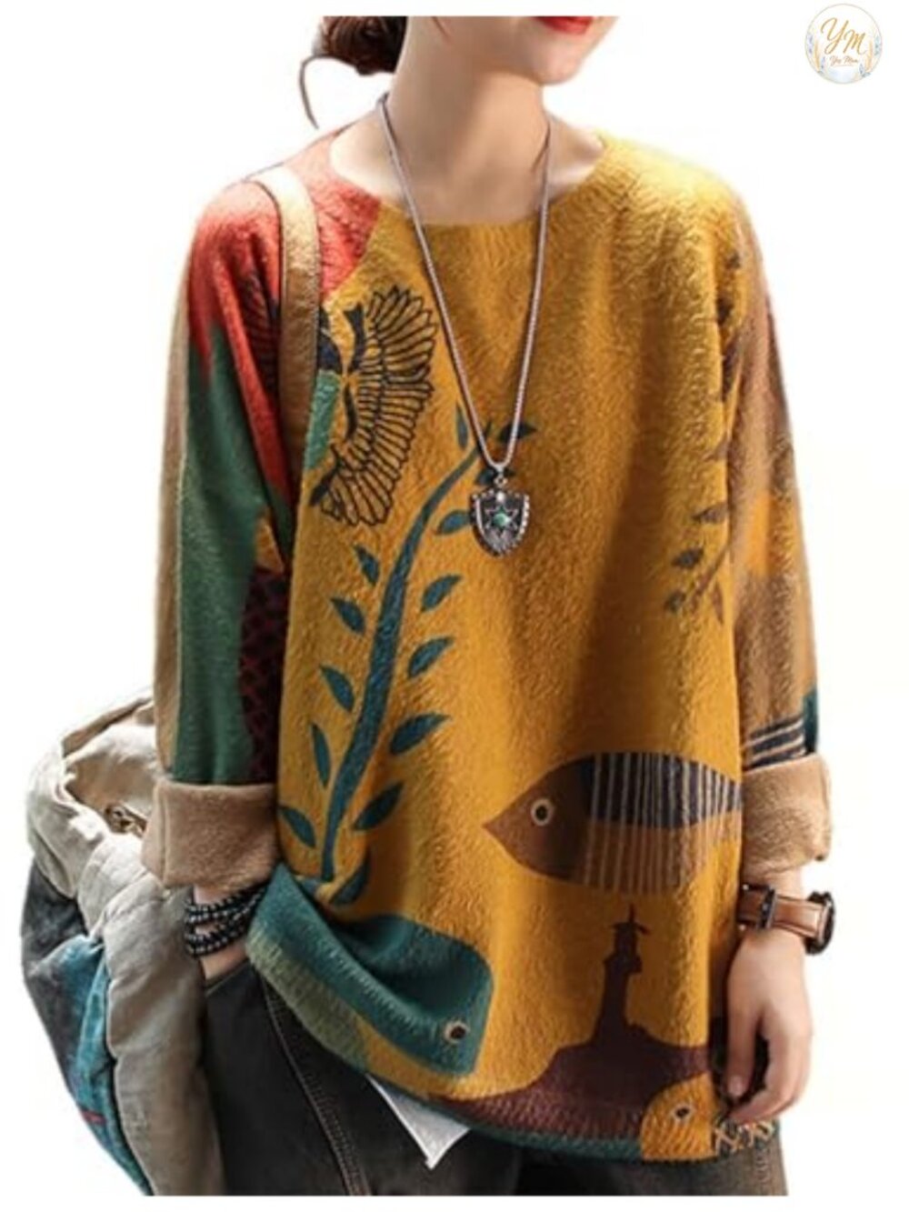 Oversized Cat Graphic Pullover Sweater Cotton Wool Blend Crew Neck